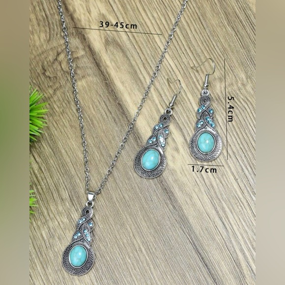 3pcs Turquoise drop bohemian earrings & necklace - Picture 2 of 4